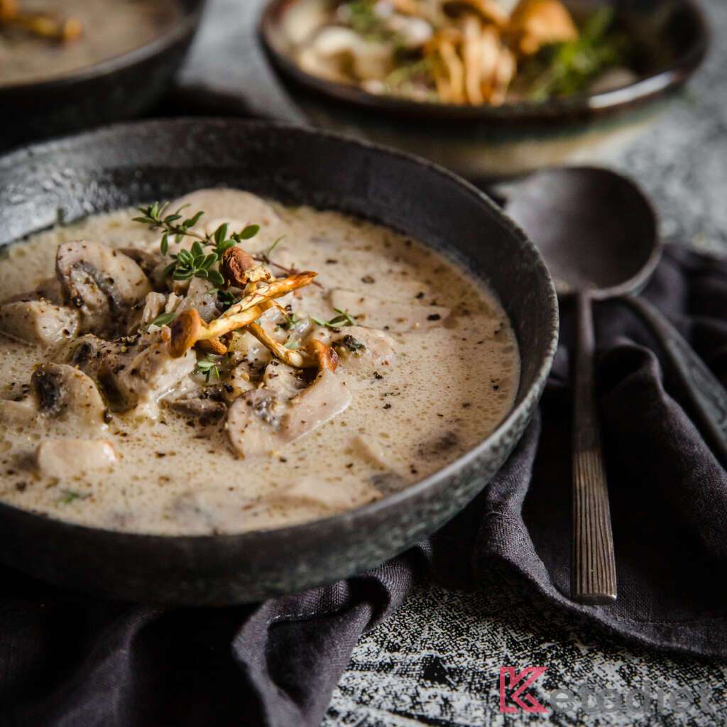A bowl of Creamy Chicken Mushroom Soup.