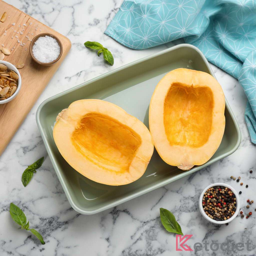 Removing seeds, greasing and seasoning spaghetti squash before baking.