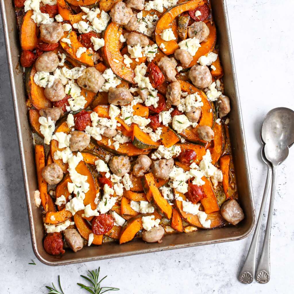 Easy Roast Pumpkin, Chorizo & Feta Sheet Pan recipe.