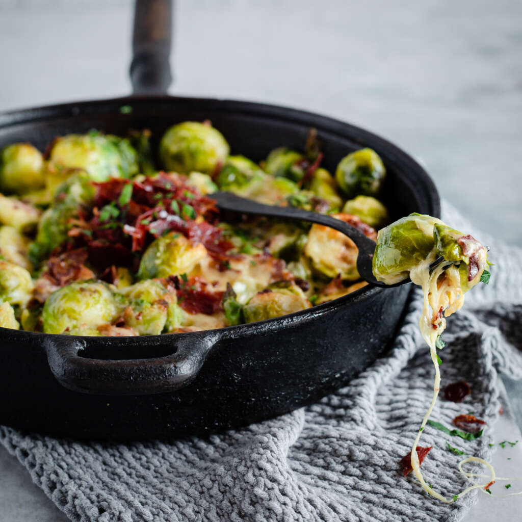 Roasted Brussels Sprouts with Swiss Cheese and Pancetta recipe.