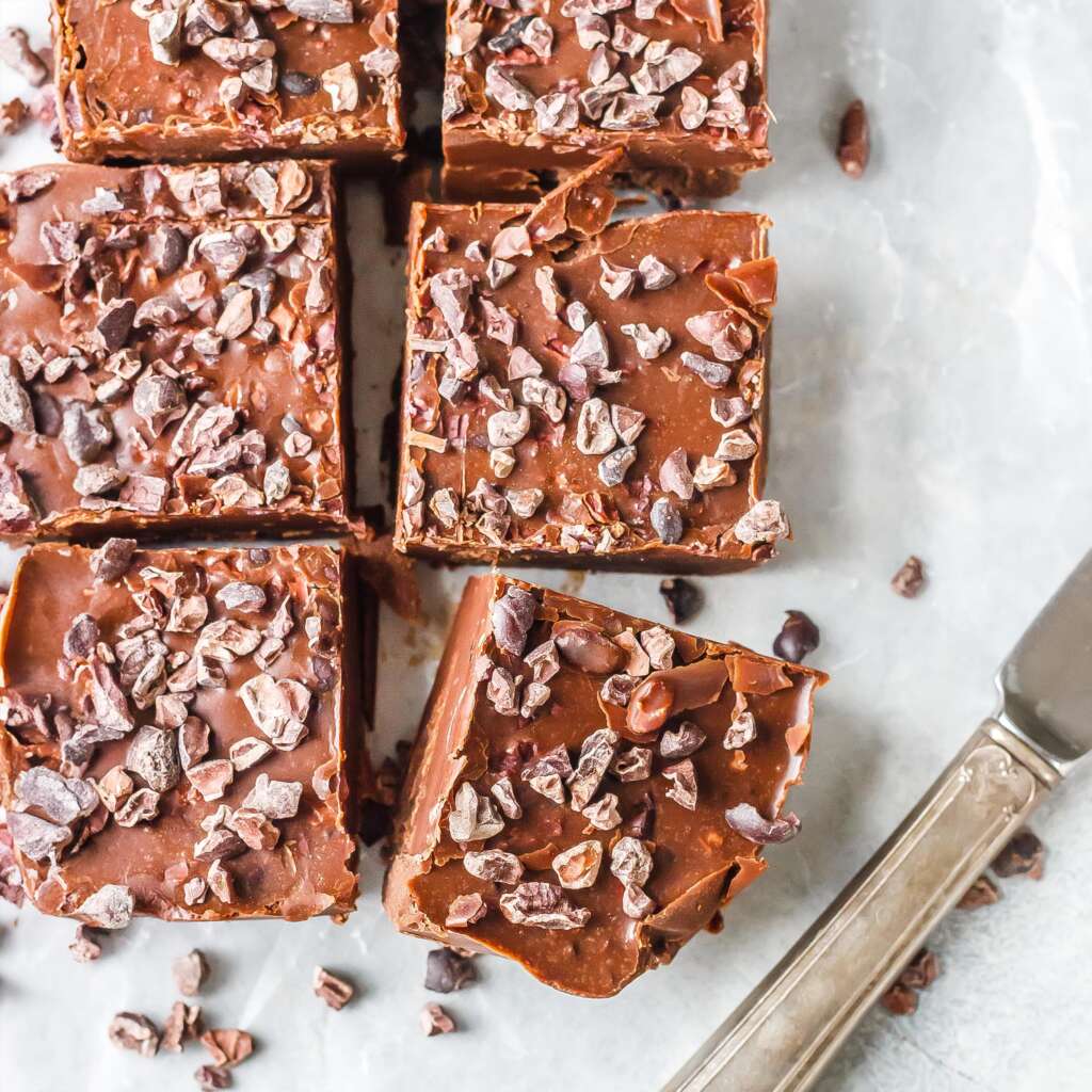 Keto Chocolate Mint Fudge with cacao nibs recipe.