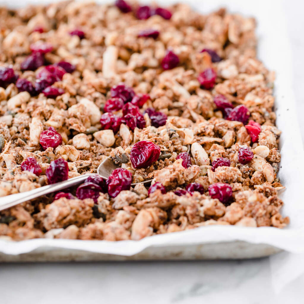 Festive Low-Carb Cranberry Granola recipe. Zero sugar, gluten-free and breakfast granola.