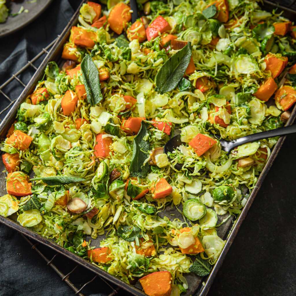 Roasted Brussels Sprouts with Pumpkin and Chestnuts recipe.