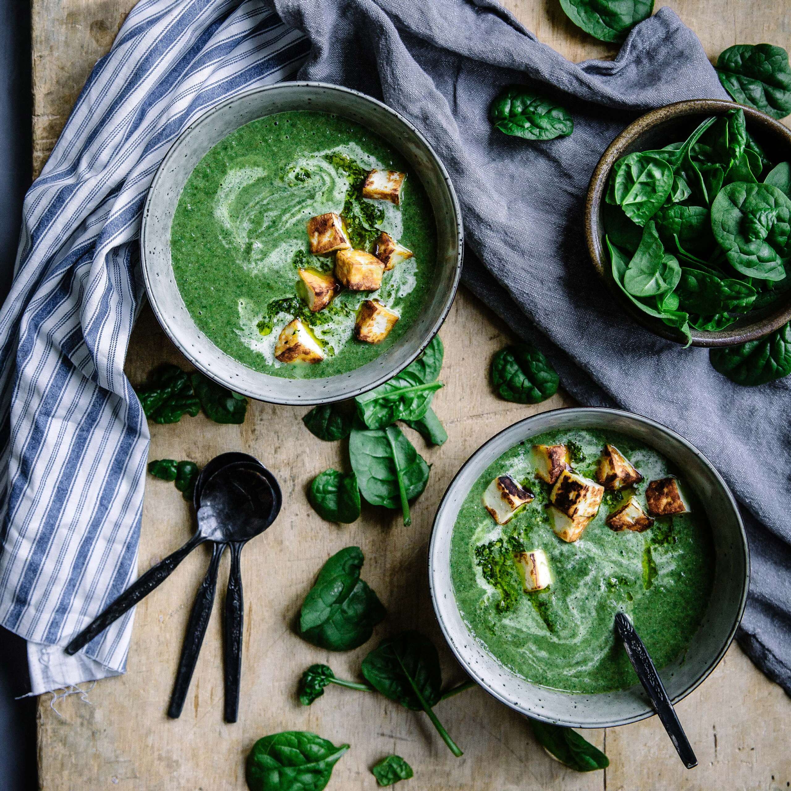 Cream of Greens Soup with Halloumi Croutons