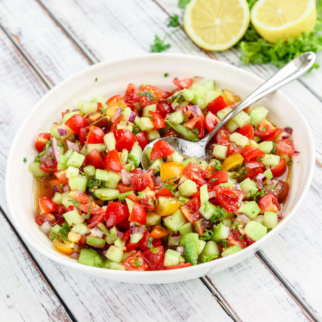 Easy Chopped Vegetable Salad with Lemon Garlic Dressing