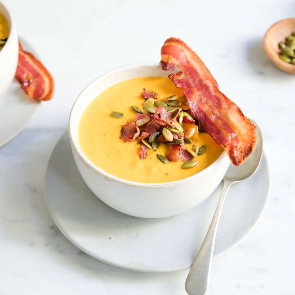 Creamy Pumpkin Soup with Crispy Bacon Topping