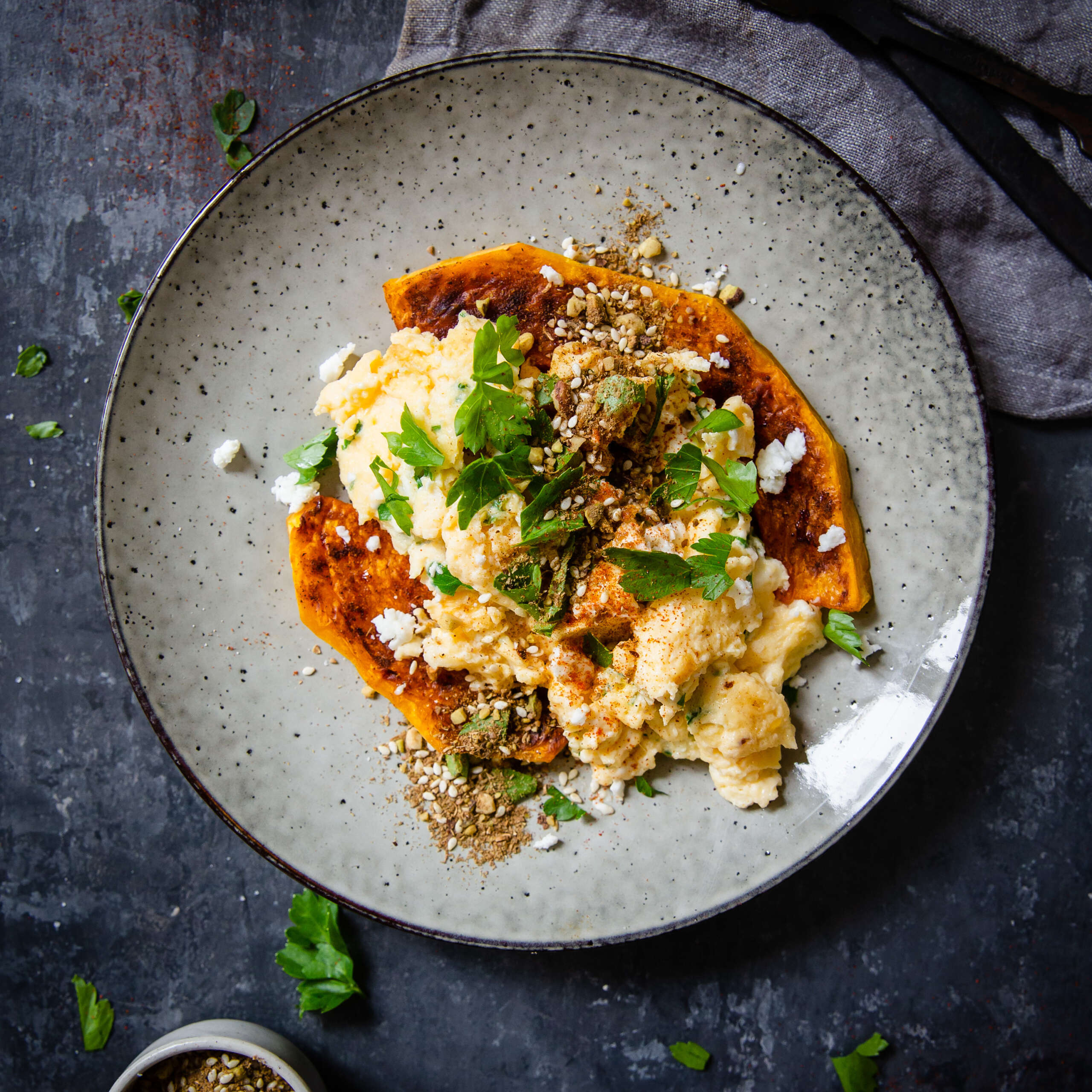 Easy Scrambled Eggs with Moroccan-Spiced Roasted Pumpkin