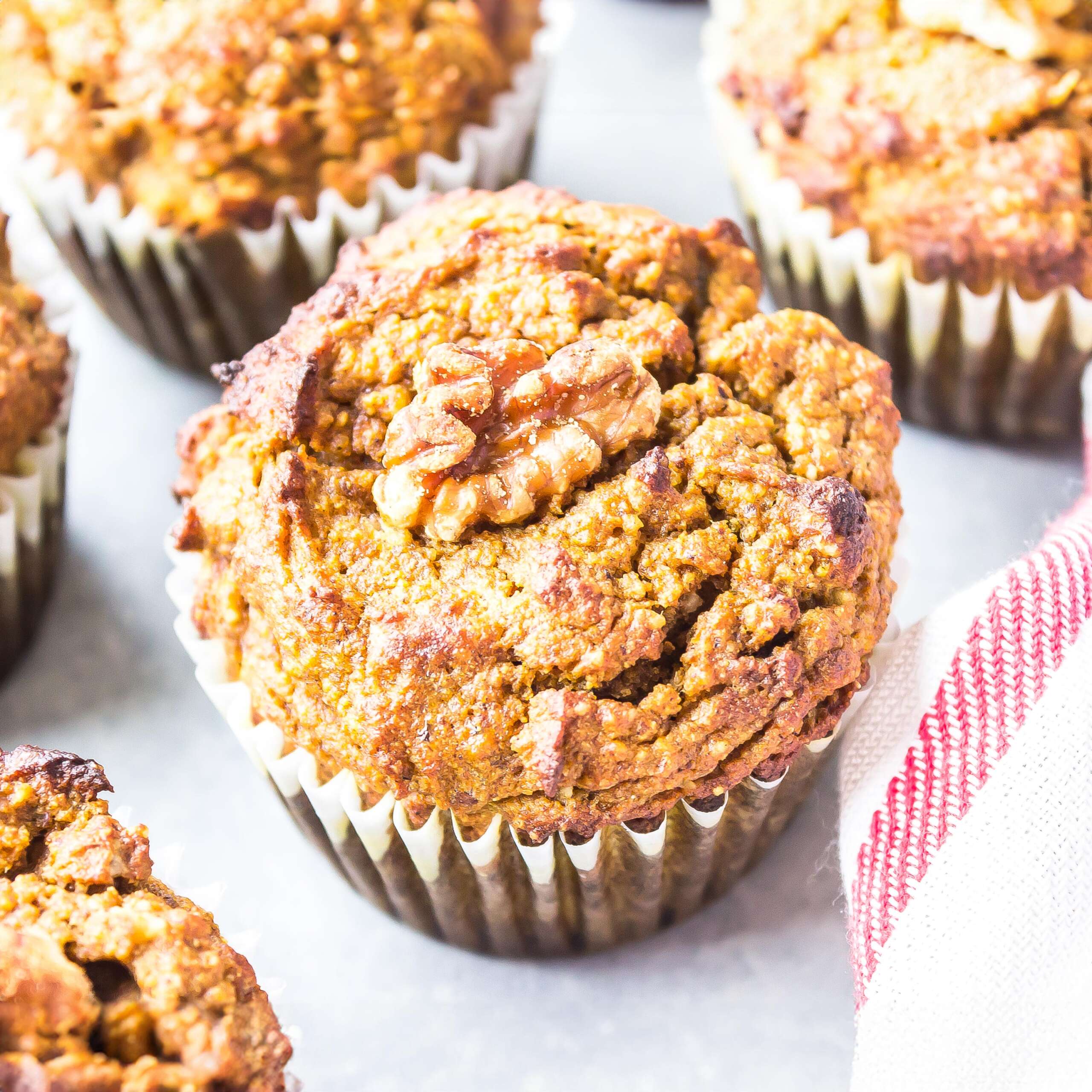 Freshly baked easy low-carb pumpkin & walnut muffins.